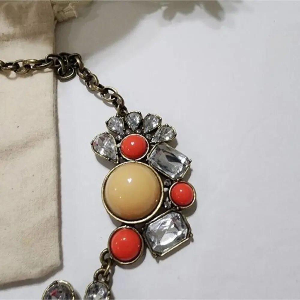 J. Crew Statement Bib Necklace‎ Coral Cream Crystal Gold Tone with Dust Bag